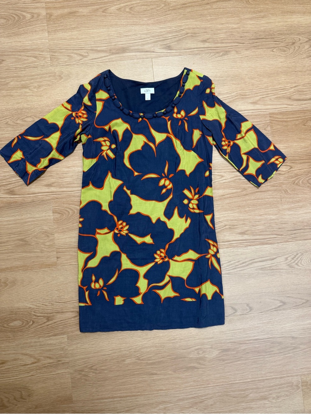LOFT Navy Dress with Yellow and Orange Floral Pattern